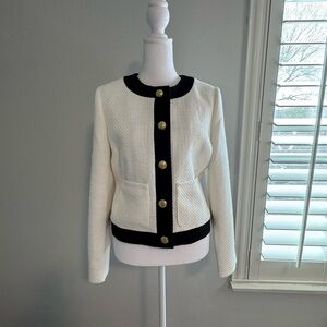 J. Crew White Textured Jacket with Black Trim and Gold Buttons